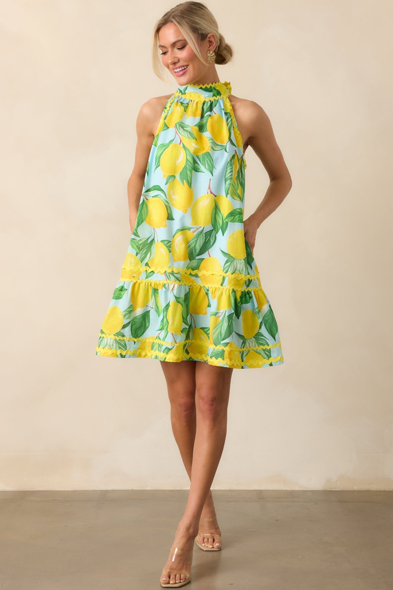 Prosperina Simone Blue Lemon Print Cotton Halter Mini Dress