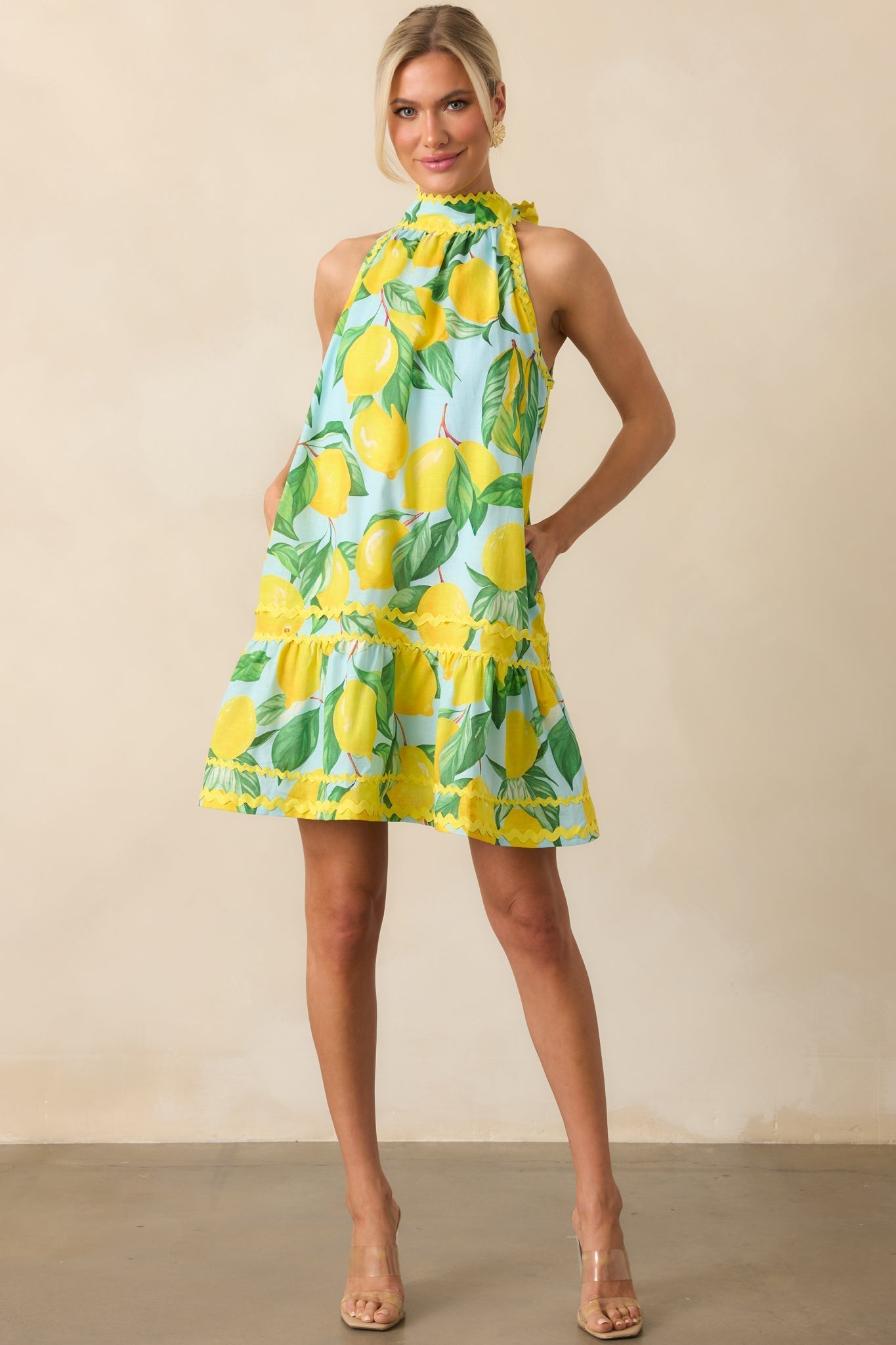 Prosperina Simone Blue Lemon Print Cotton Halter Mini Dress