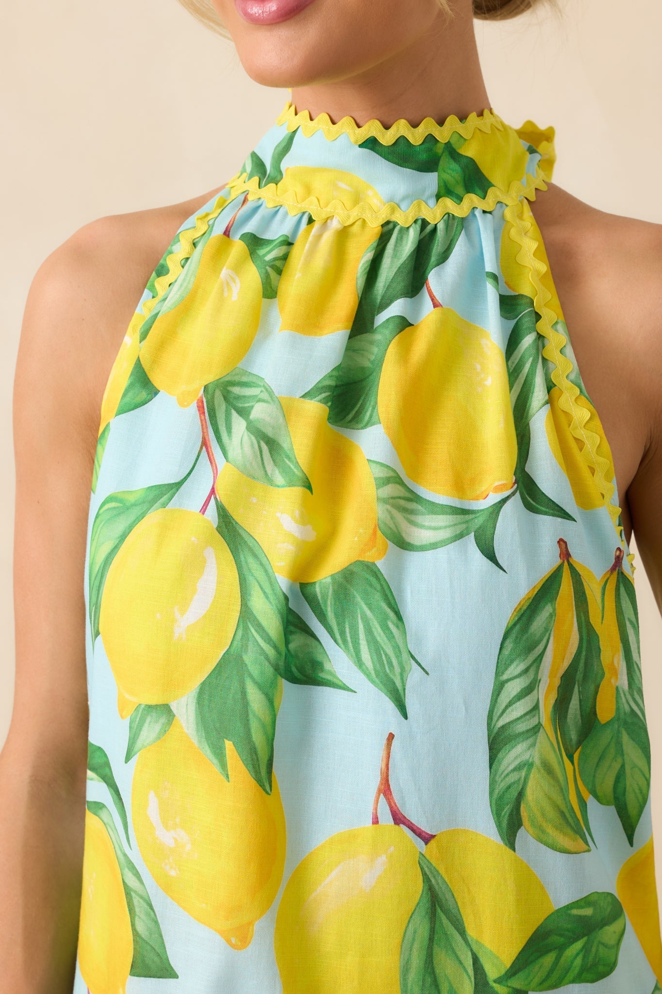 Prosperina Simone Blue Lemon Print Cotton Halter Mini Dress