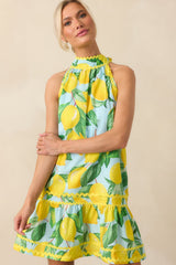 Prosperina Simone Blue Lemon Print Cotton Halter Mini Dress