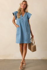 Don't Think Twice Light Wash Cotton Denim Mini Dress