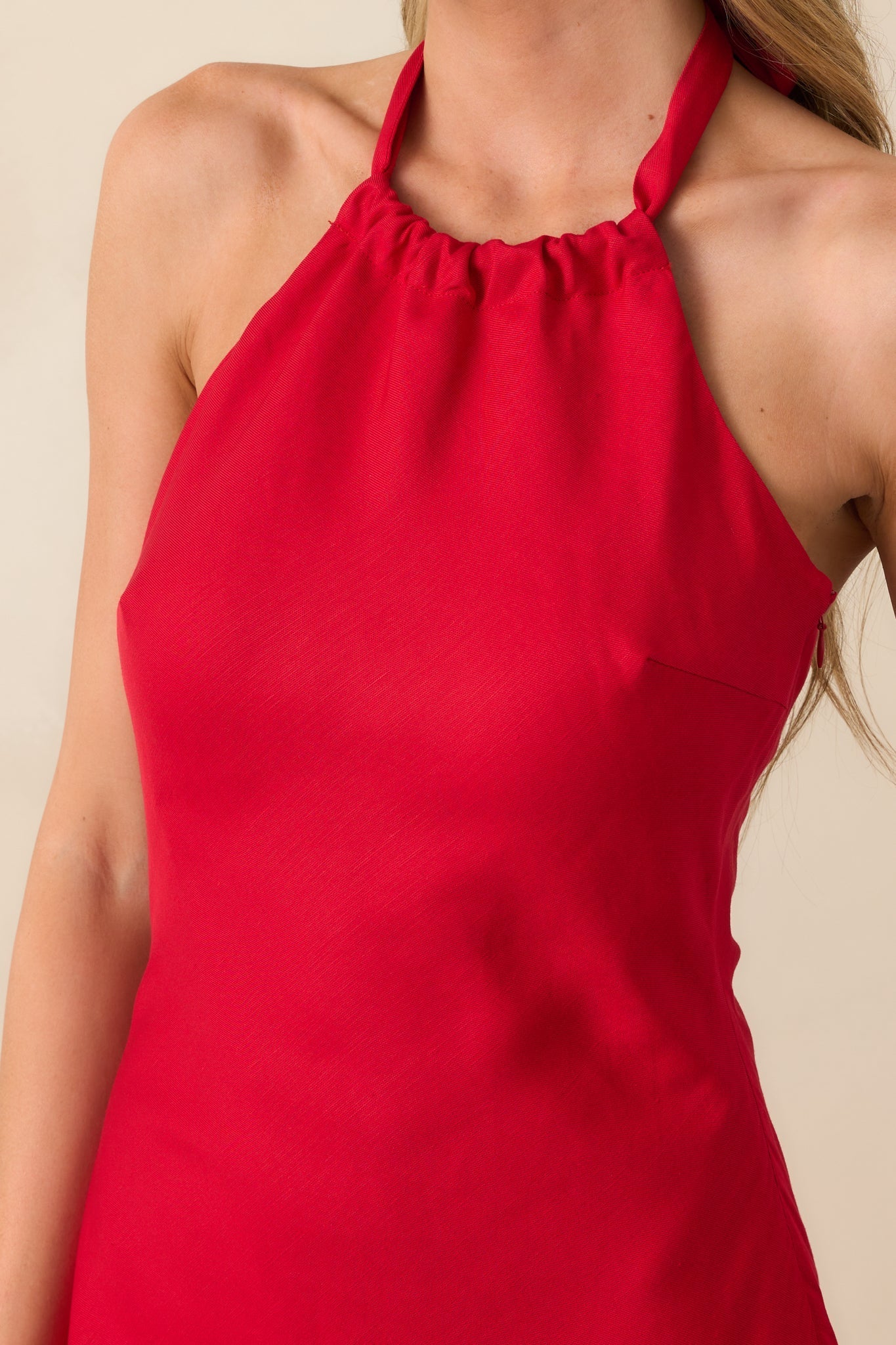 Staple The Label Red Linen Blend Amana Halter Bias Maxi Dress