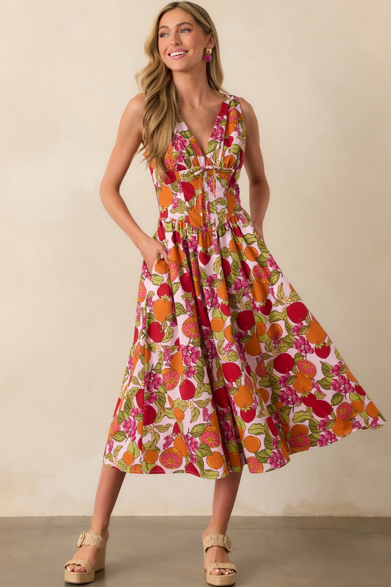 There's Always A Twist Pink Fruit Print Cotton Maxi Dress
