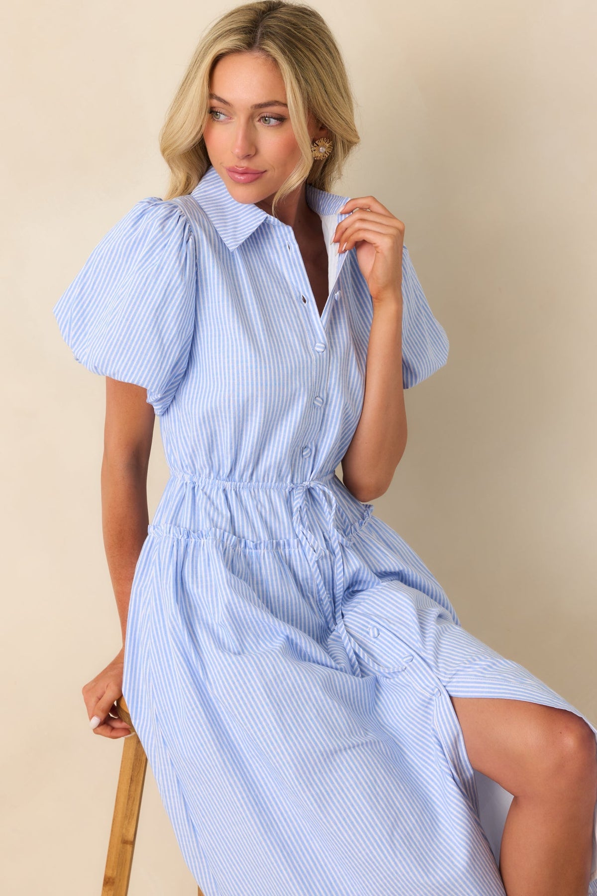 A Twist On Timeless Blue Stripe Rayon Maxi Shirt Dress