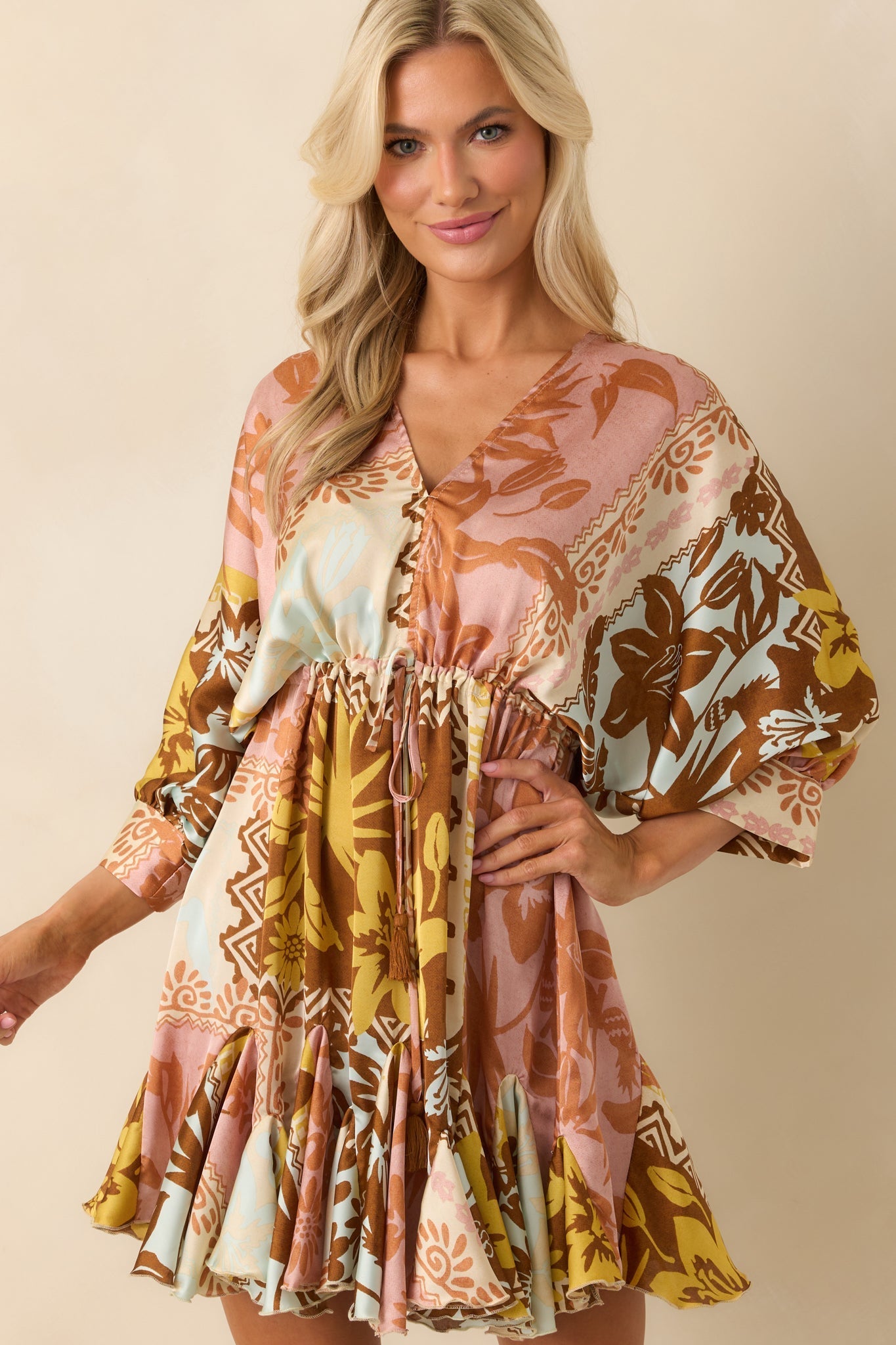 I'll Lead The Way Pink Coral Patchwork Print Mini Dress