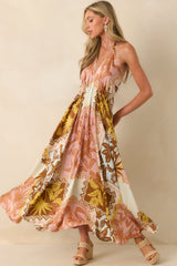 All Roads Lead Here Pink Coral Patchwork Print Maxi Dress