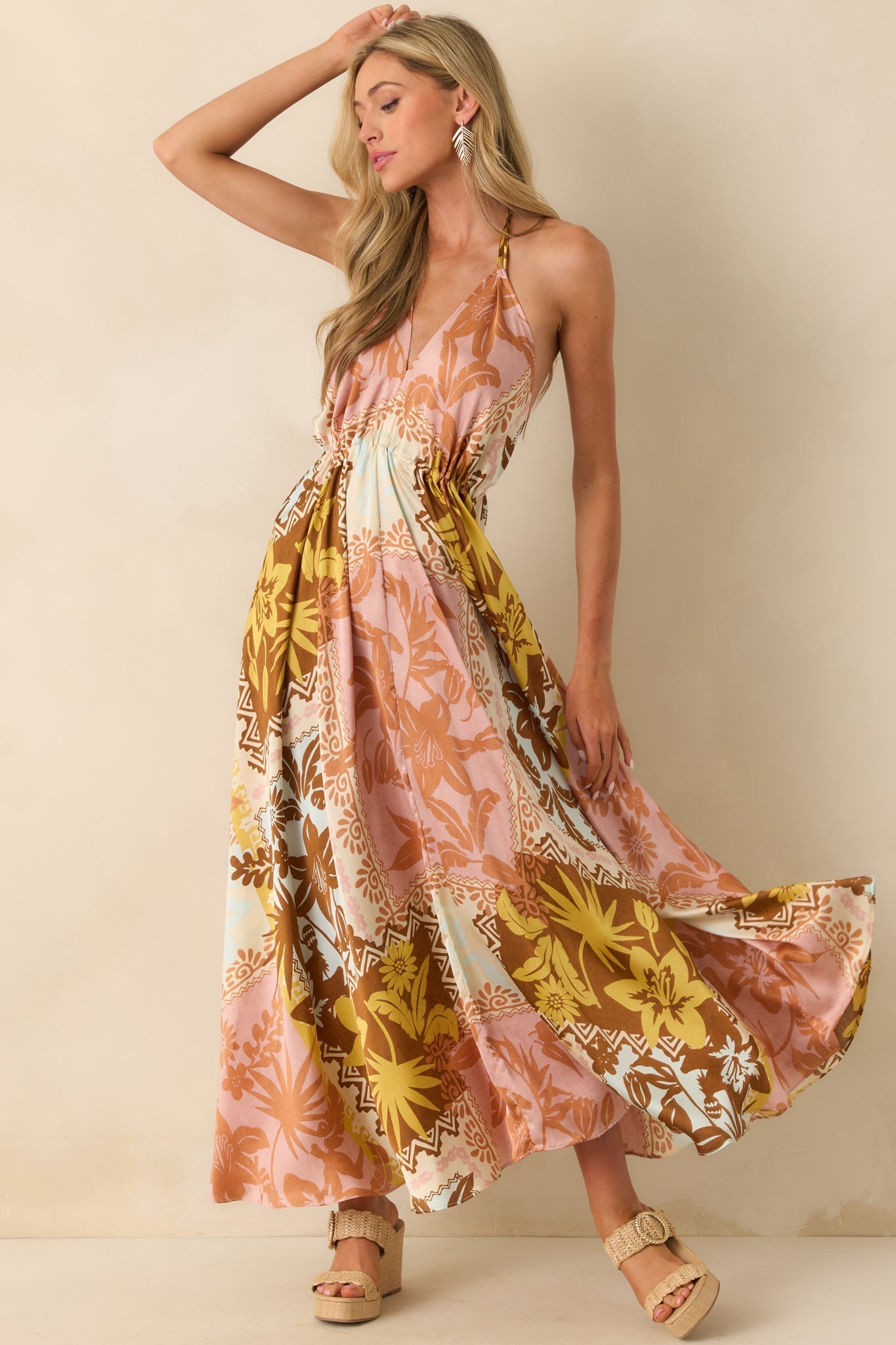 All Roads Lead Here Pink Coral Patchwork Print Maxi Dress