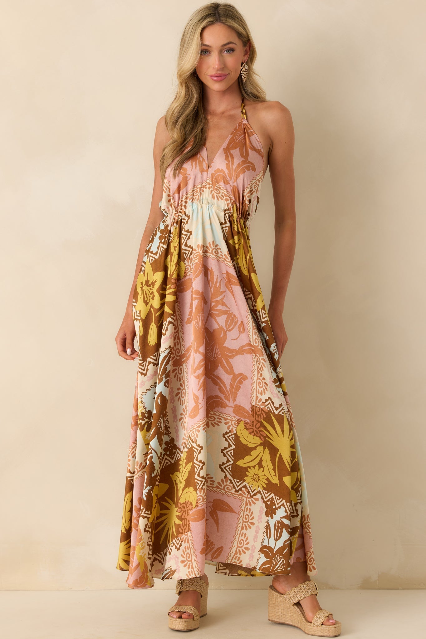 All Roads Lead Here Pink Coral Patchwork Print Maxi Dress