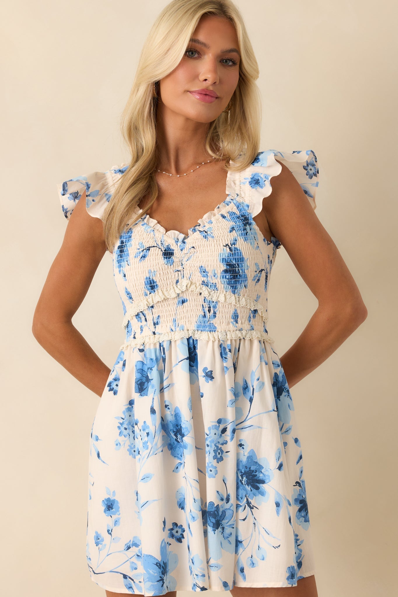 Just Let It Happen Blue Floral Print Rayon Mini Dress