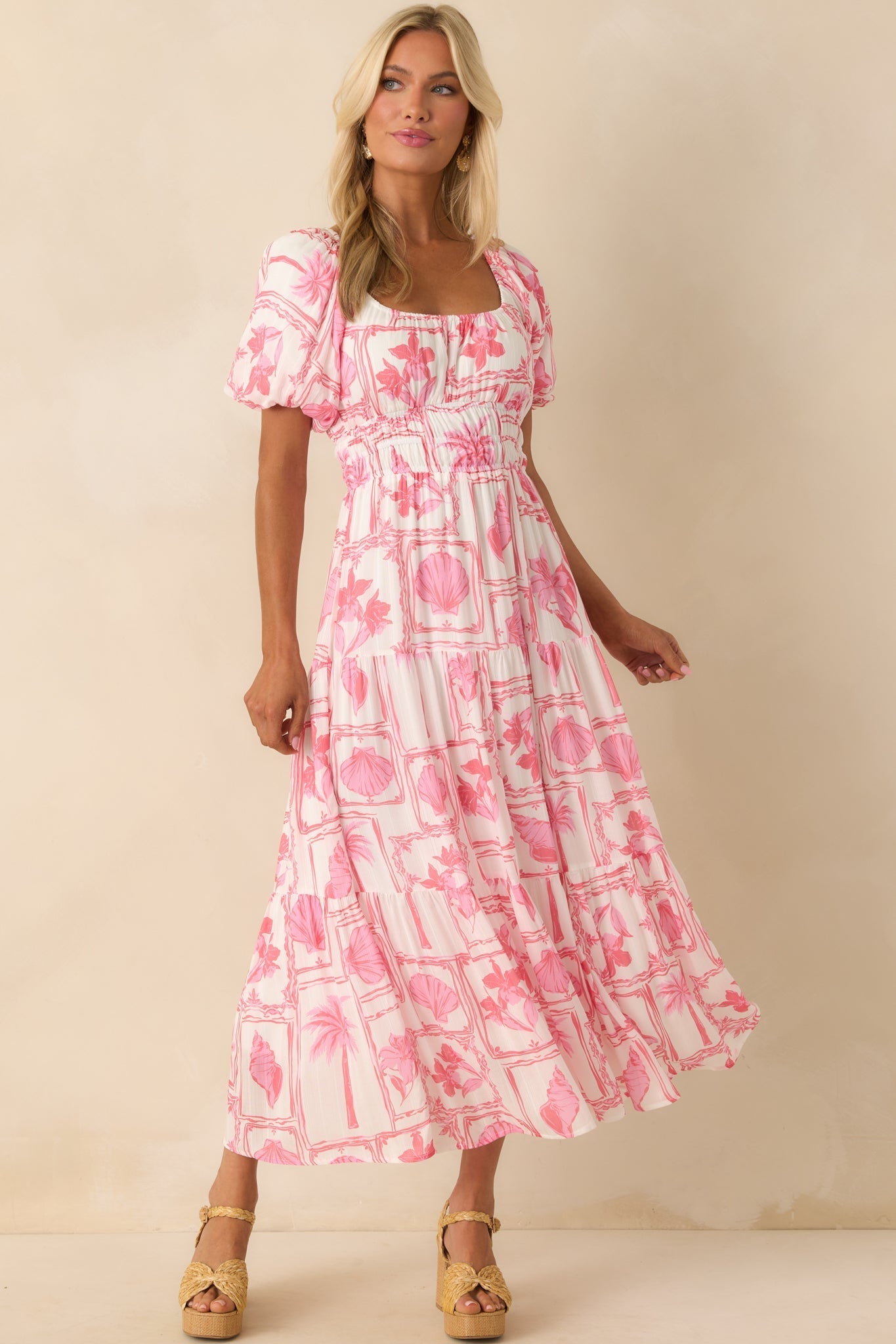 MINKPINK Pink Tropical Print Bria Puff Sleeve Midi Dress