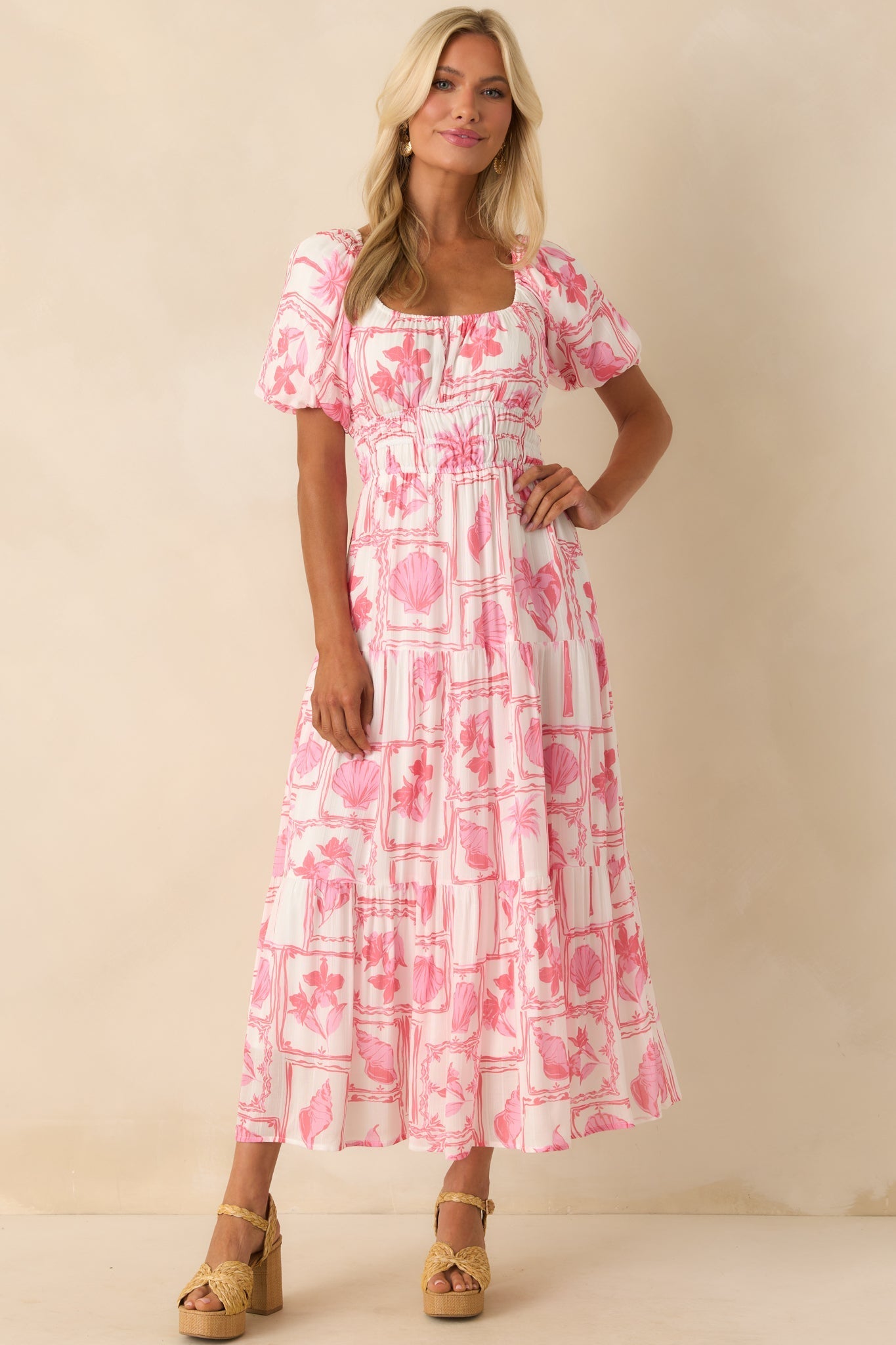 MINKPINK Pink Tropical Print Bria Puff Sleeve Midi Dress