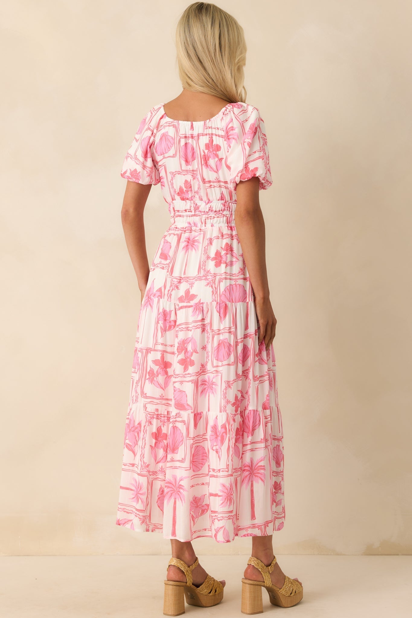 MINKPINK Pink Tropical Print Bria Puff Sleeve Midi Dress