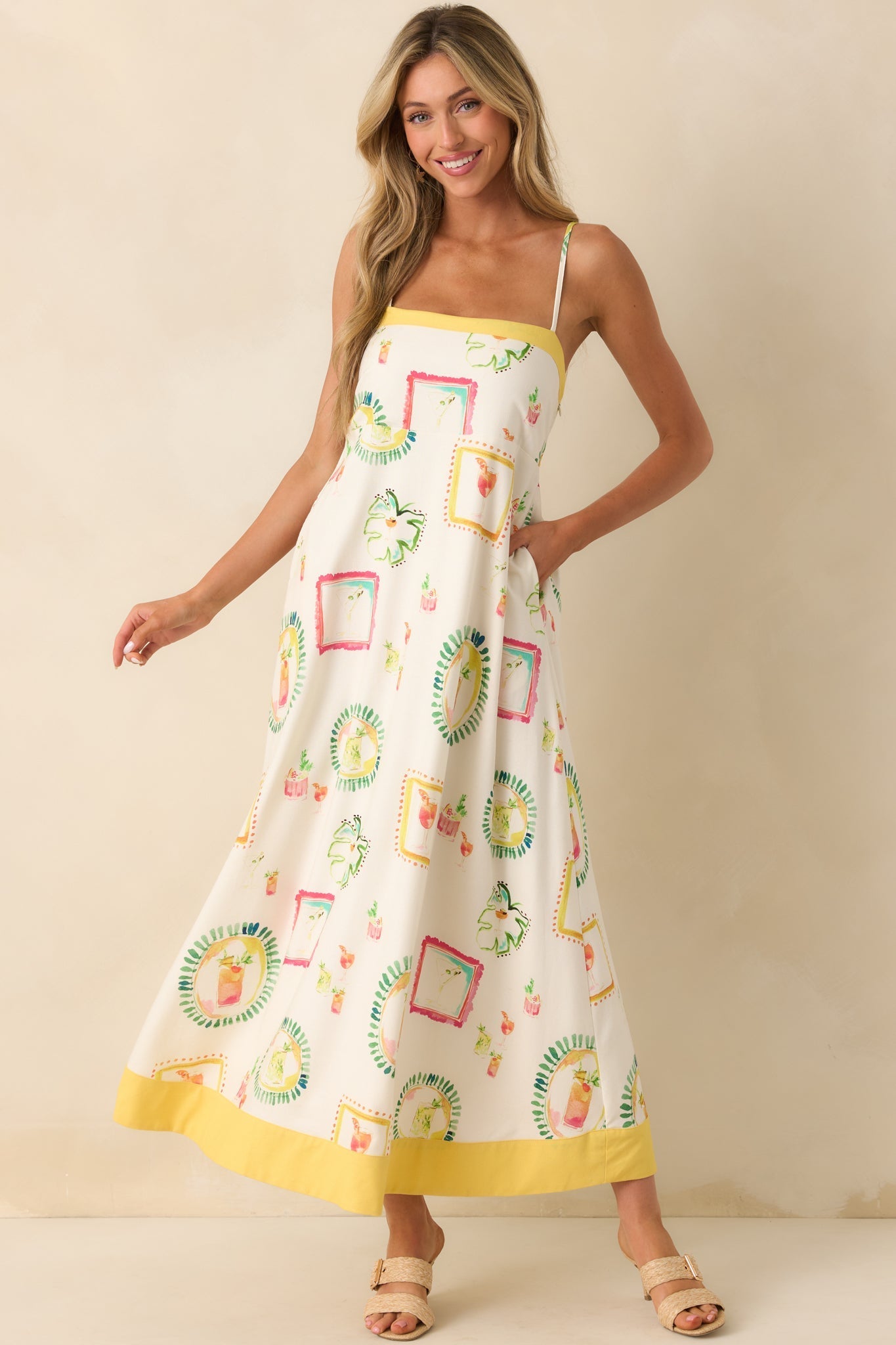 Just For Fun Ivory Watercolor Cocktail Print Linen Blend Maxi Dress