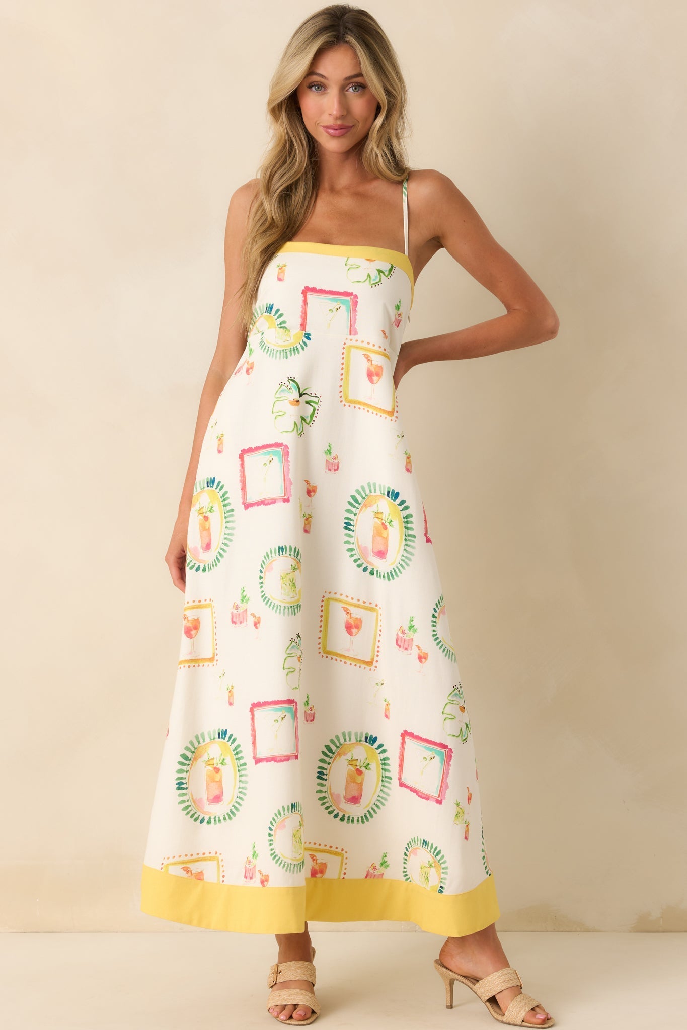 Just For Fun Ivory Watercolor Cocktail Print Linen Blend Maxi Dress