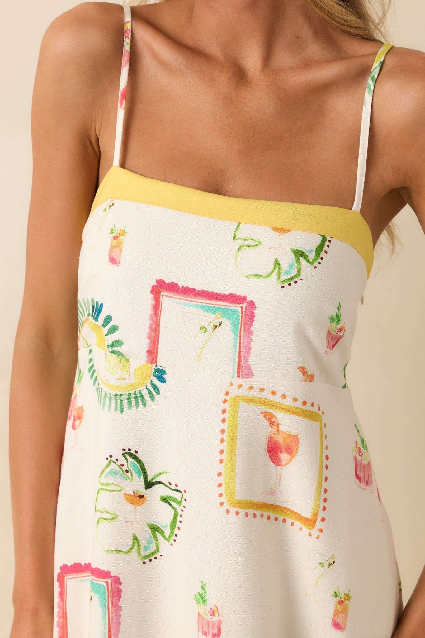 Just For Fun Ivory Watercolor Cocktail Print Linen Blend Maxi Dress
