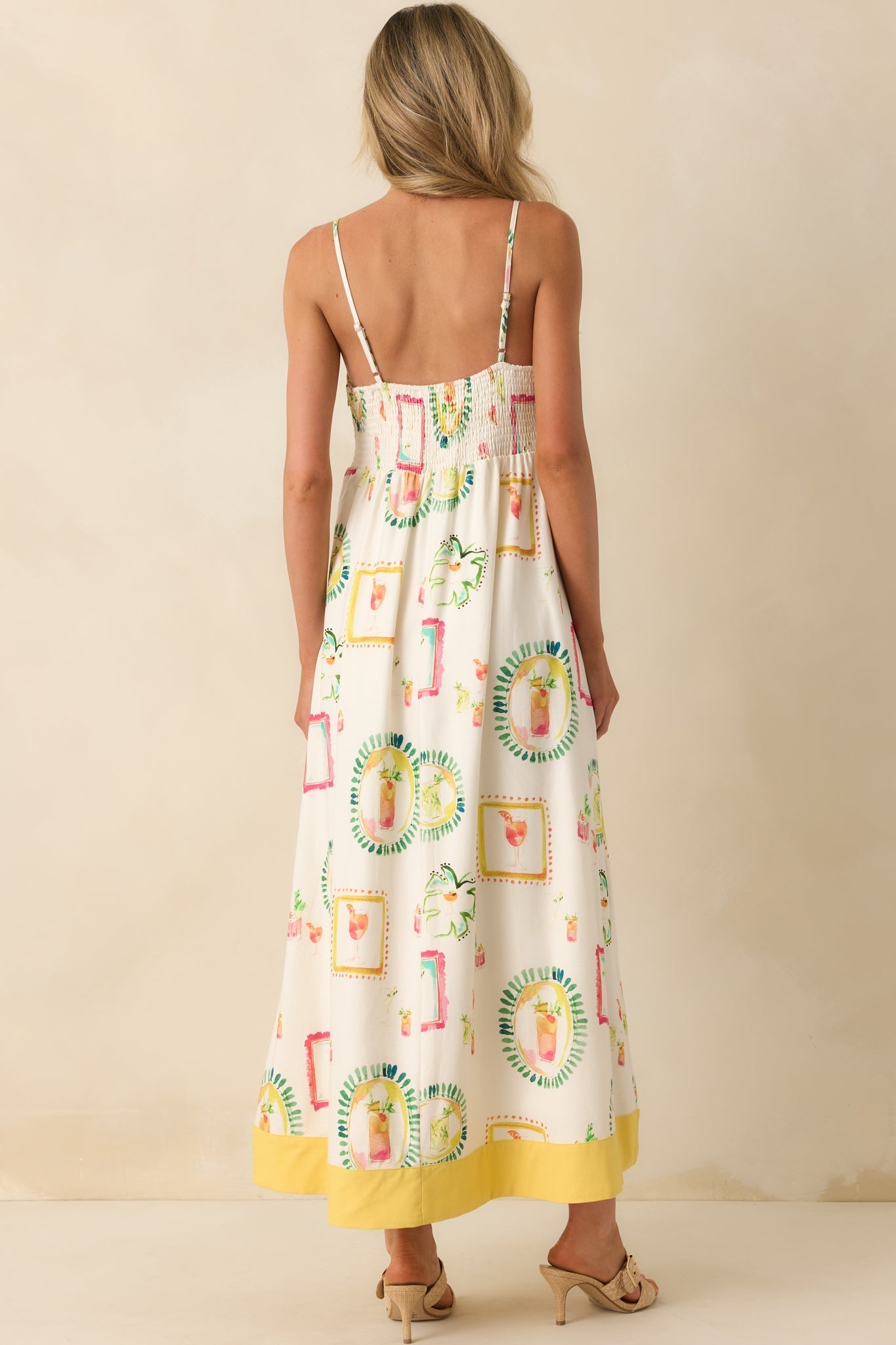 Just For Fun Ivory Watercolor Cocktail Print Linen Blend Maxi Dress