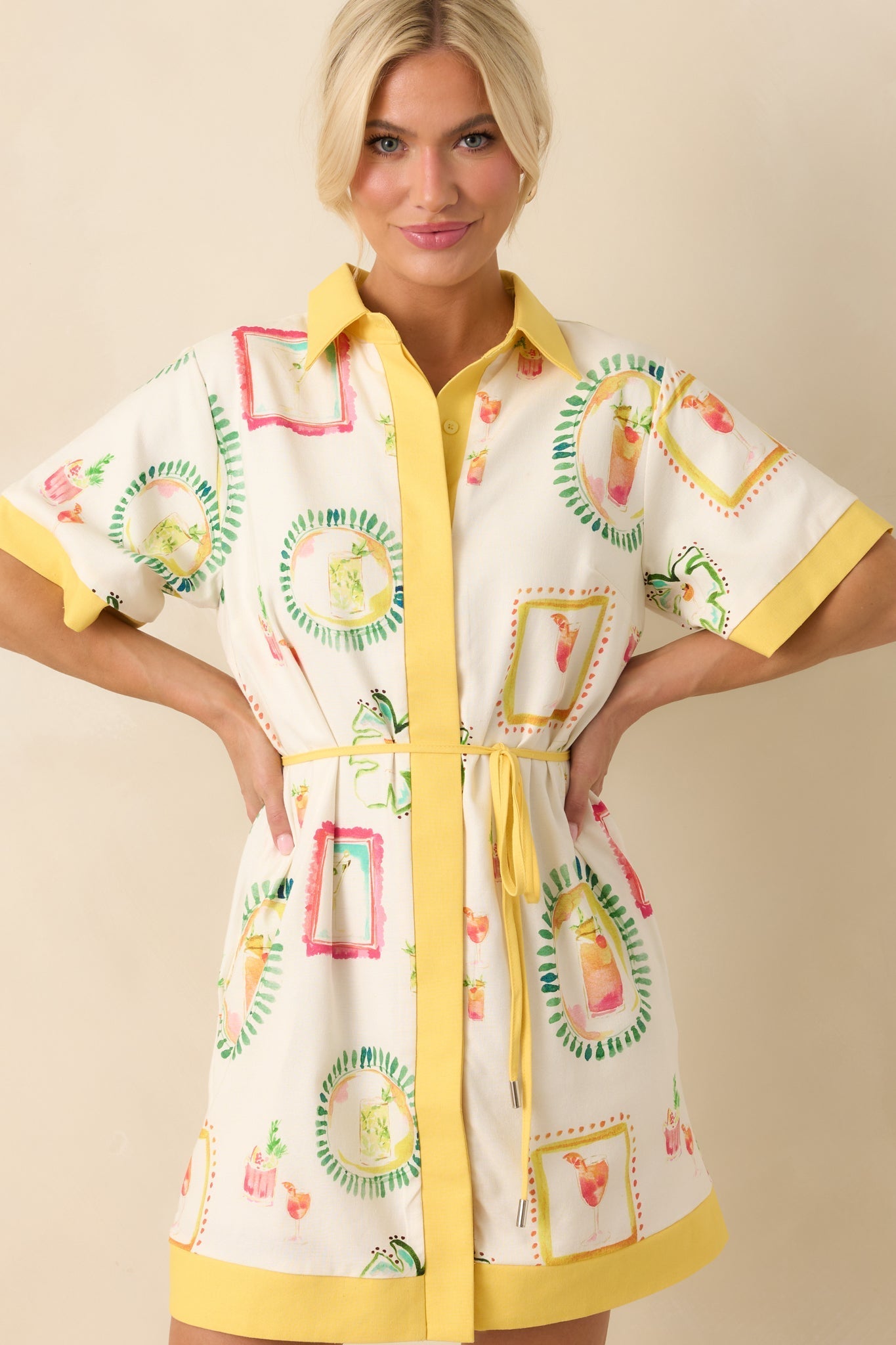 Make It My Own Ivory Watercolor Cocktail Print Linen Blend Mini Dress