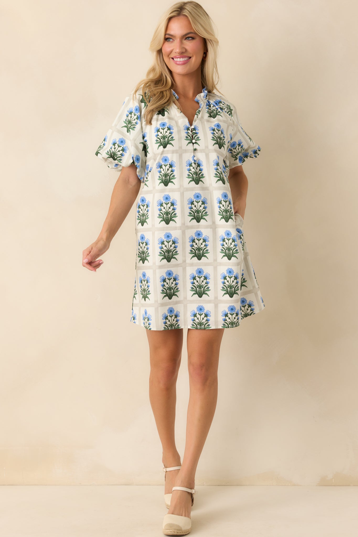 Staying Hopeful Blue Geometric Floral Print Cotton Mini Dress