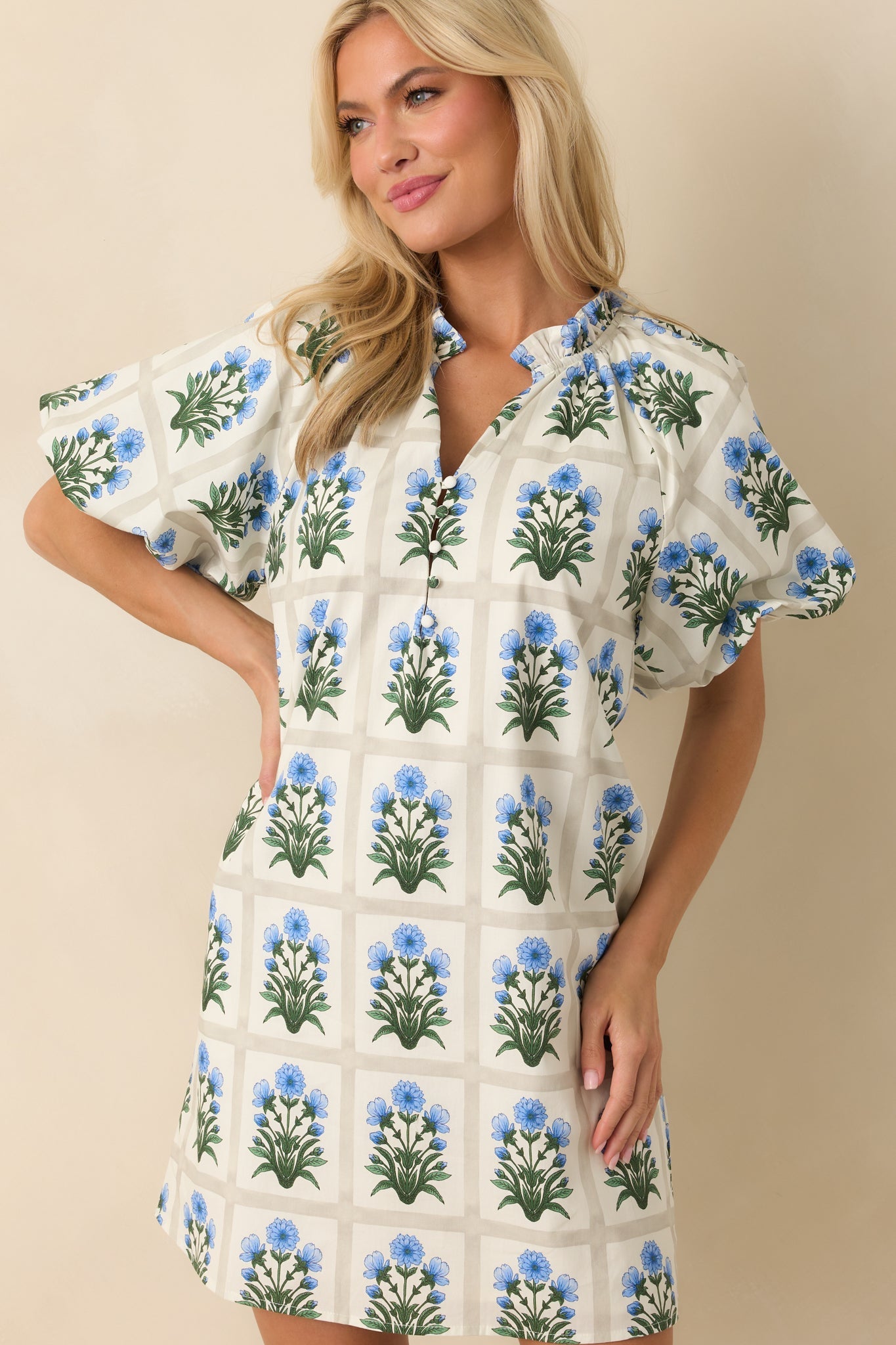 Staying Hopeful Blue Geometric Floral Print Cotton Mini Dress