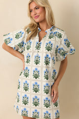 Staying Hopeful Blue Geometric Floral Print Cotton Mini Dress