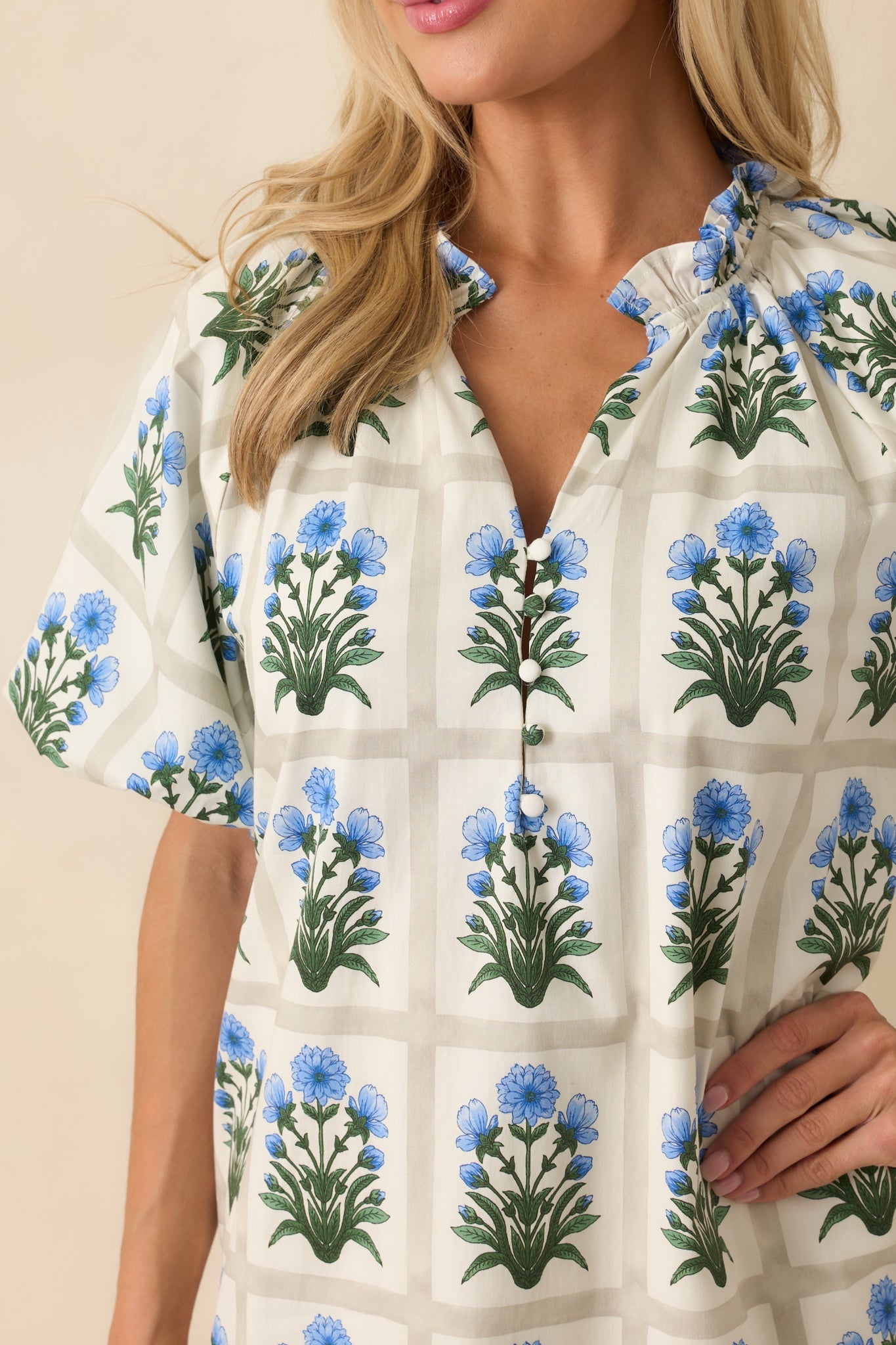 Staying Hopeful Blue Geometric Floral Print Cotton Mini Dress