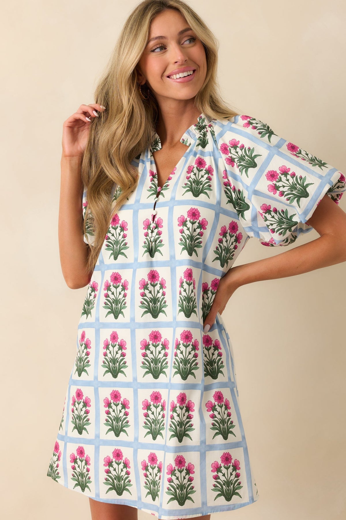 Staying Hopeful Dark Fuchsia Geometric Floral Print Cotton Mini Dress