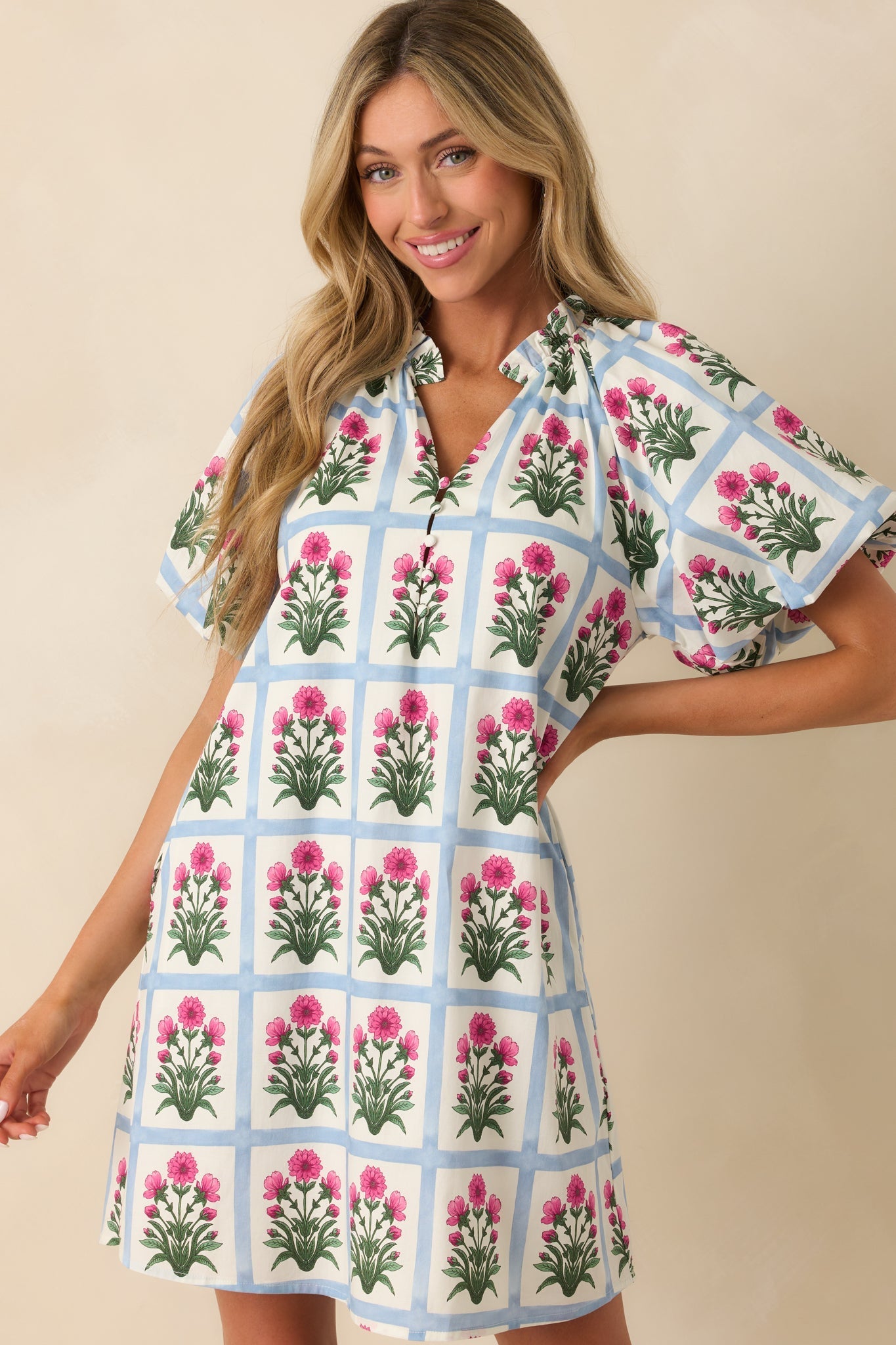 Staying Hopeful Dark Fuchsia Geometric Floral Print Cotton Mini Dress