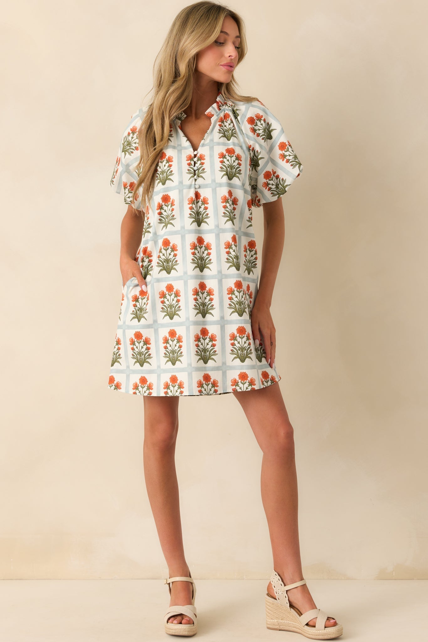 Staying Hopeful Orange Geometric Floral Print Cotton Mini Dress