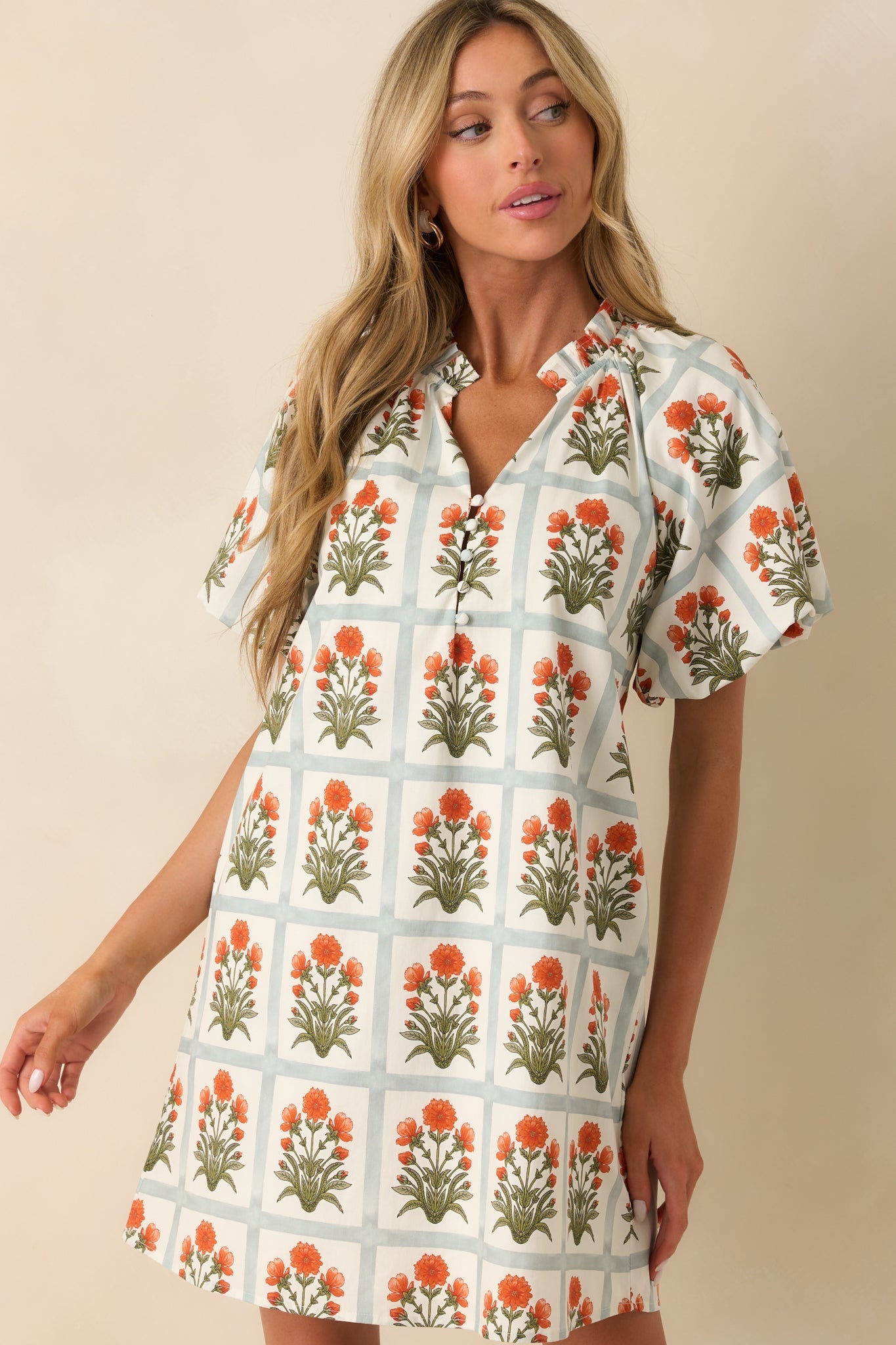 Staying Hopeful Orange Geometric Floral Print Cotton Mini Dress