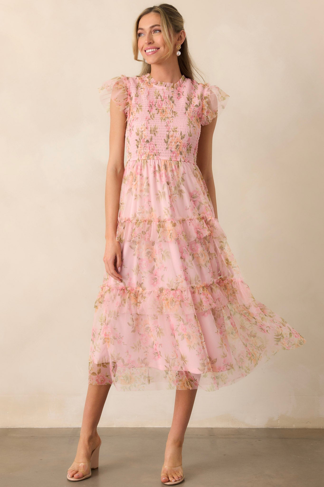 Sunrise Soiree Pink Floral Flutter Sleeve Midi Dress
