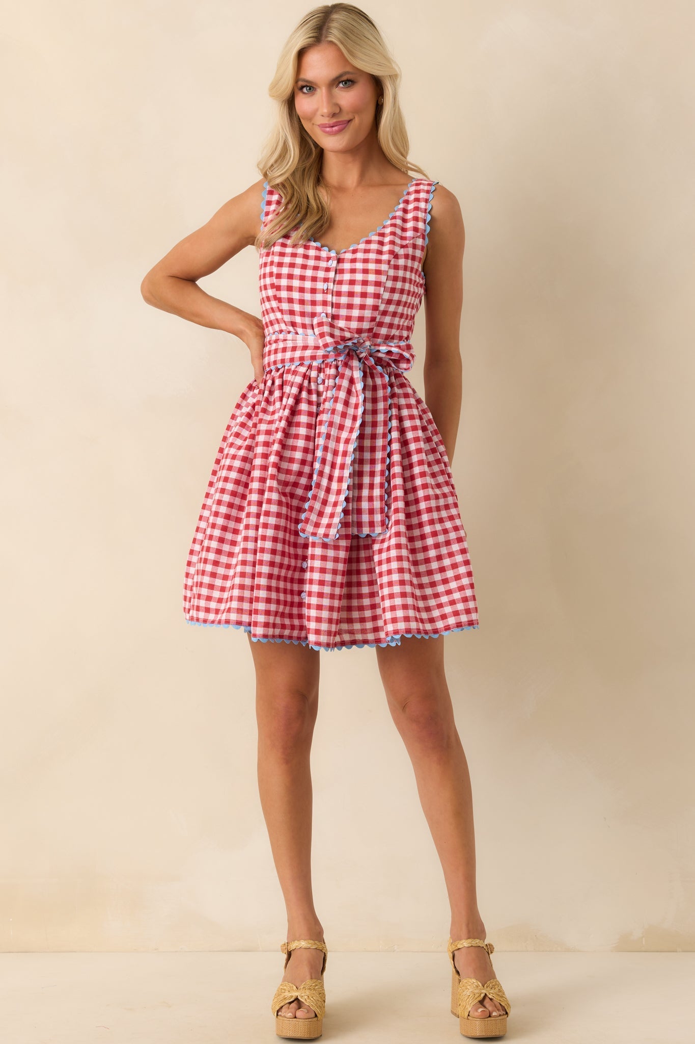Prosperina Lottie Red Gingham Print Cotton Dirndl Mini Dress