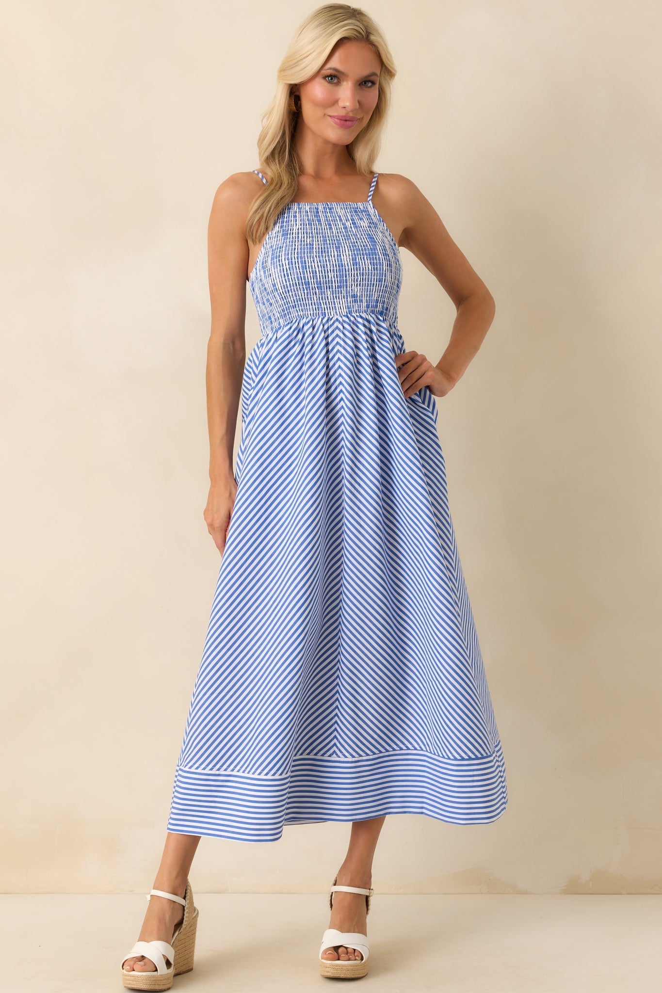 Staple The Label Blue Stripe Cotton Mathilde Shirred Maxi Sundress