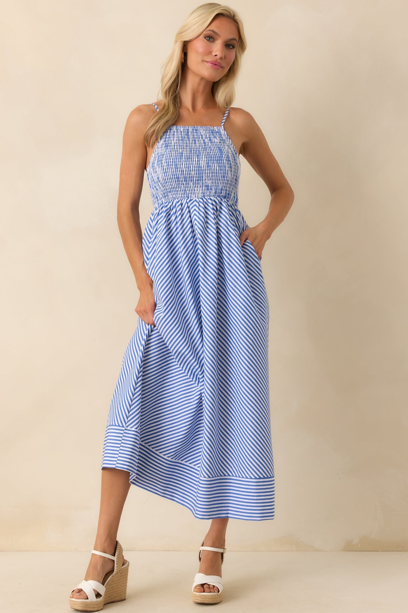 Staple The Label Blue Stripe Cotton Mathilde Shirred Maxi Sundress