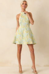 Always Ready Light Green Floral Print Jacquard Halter Mini Dress