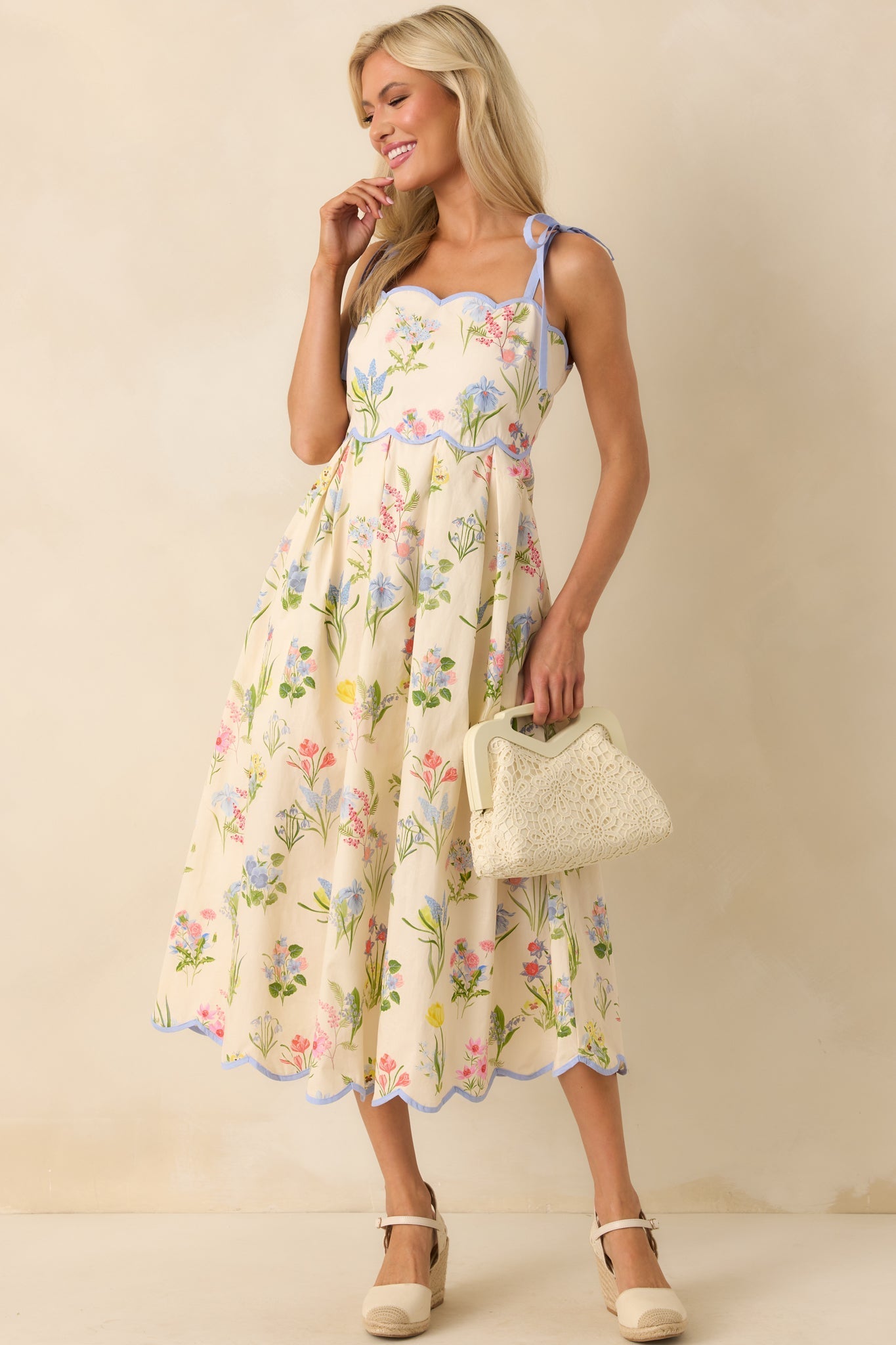 In This Lifetime Ivory Floral Print Cotton Scallop Hem Midi Dress