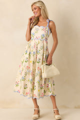 In This Lifetime Ivory Floral Print Cotton Scallop Hem Midi Dress