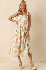 In This Lifetime Ivory Floral Print Cotton Scallop Hem Midi Dress