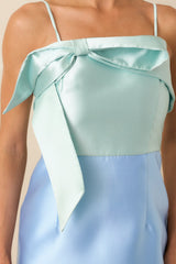 She Is The Moment Light Blue Satin Bow Front Mini Dress