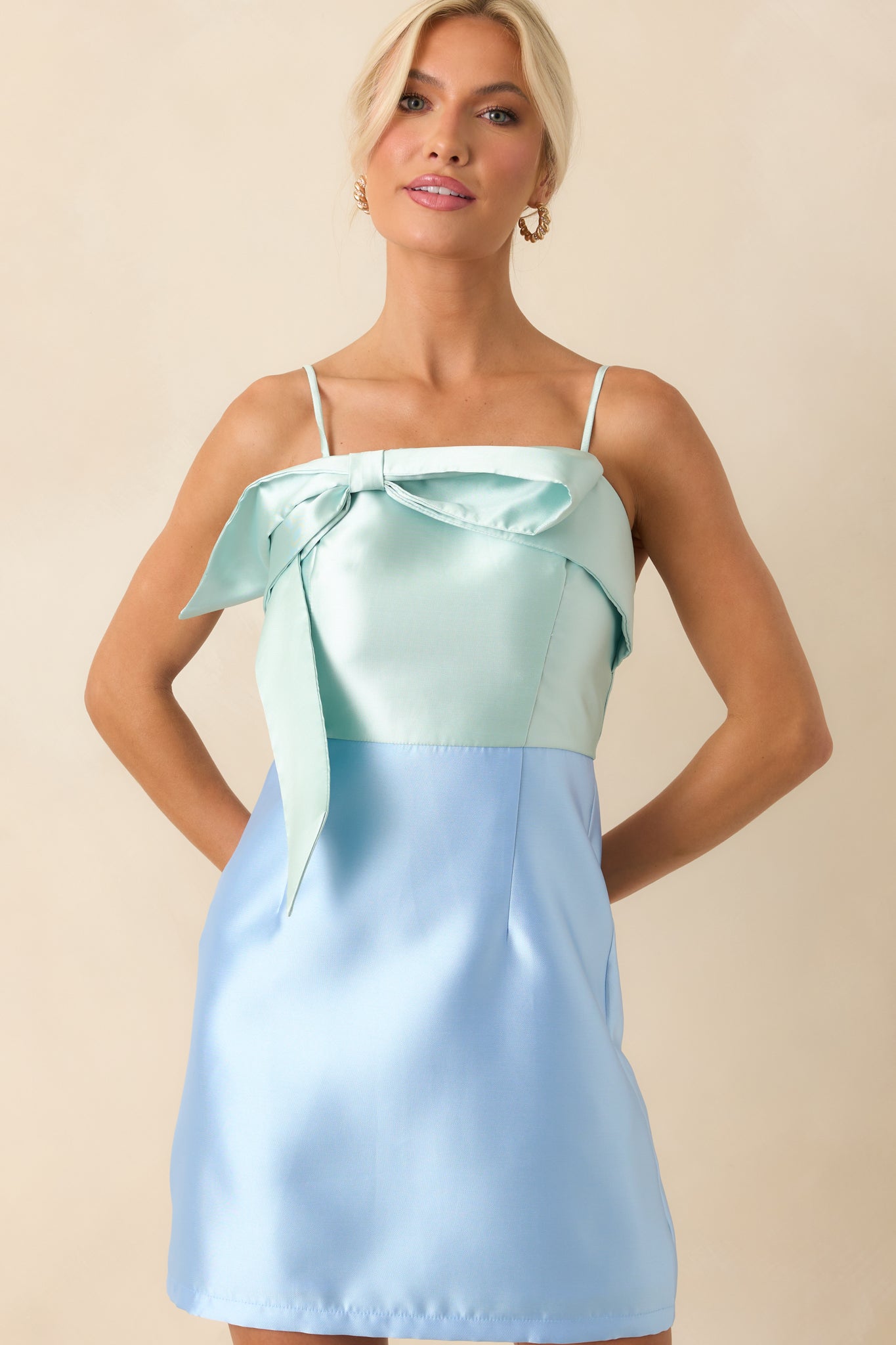 She Is The Moment Light Blue Satin Bow Front Mini Dress