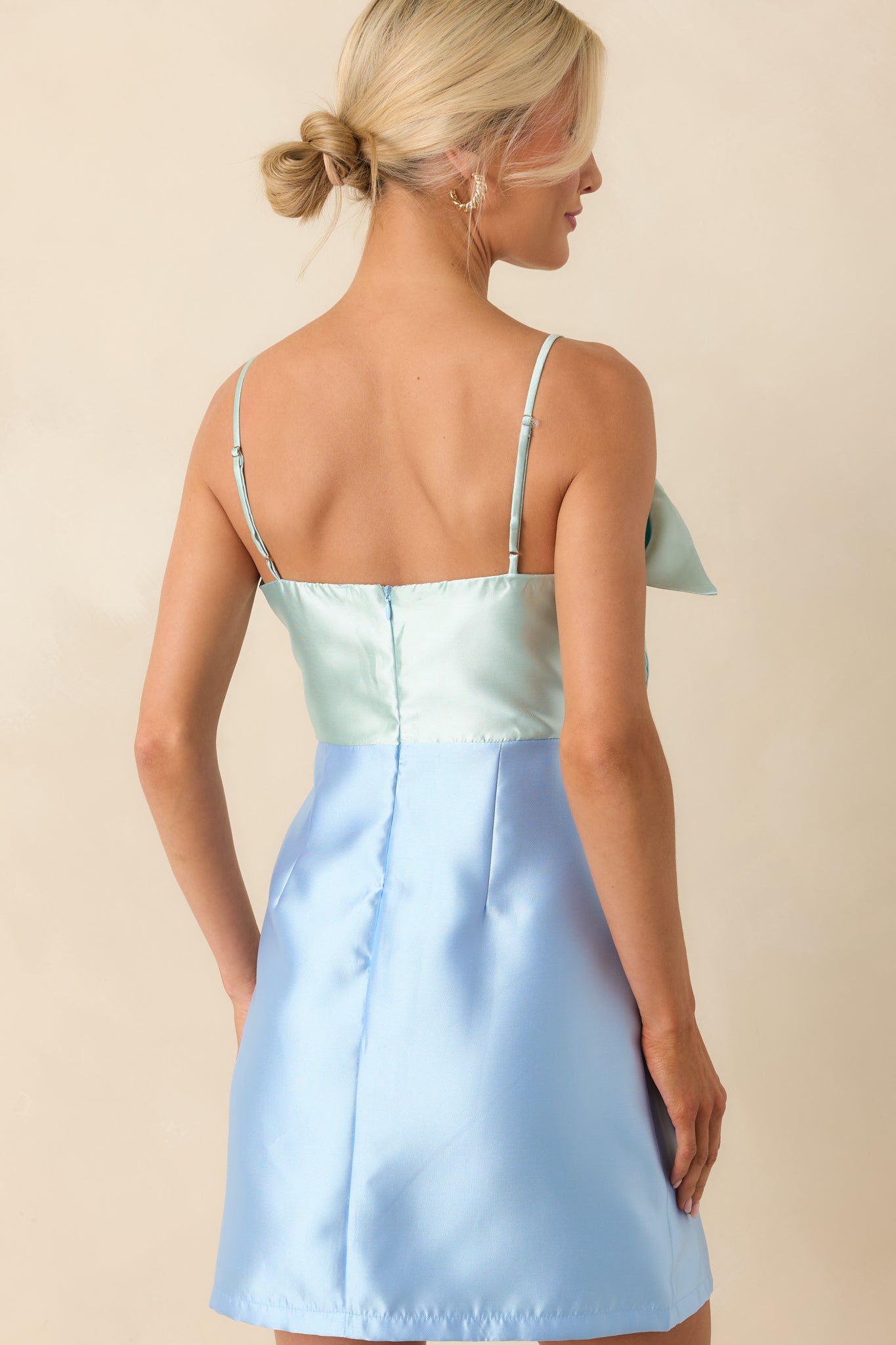She Is The Moment Light Blue Satin Bow Front Mini Dress