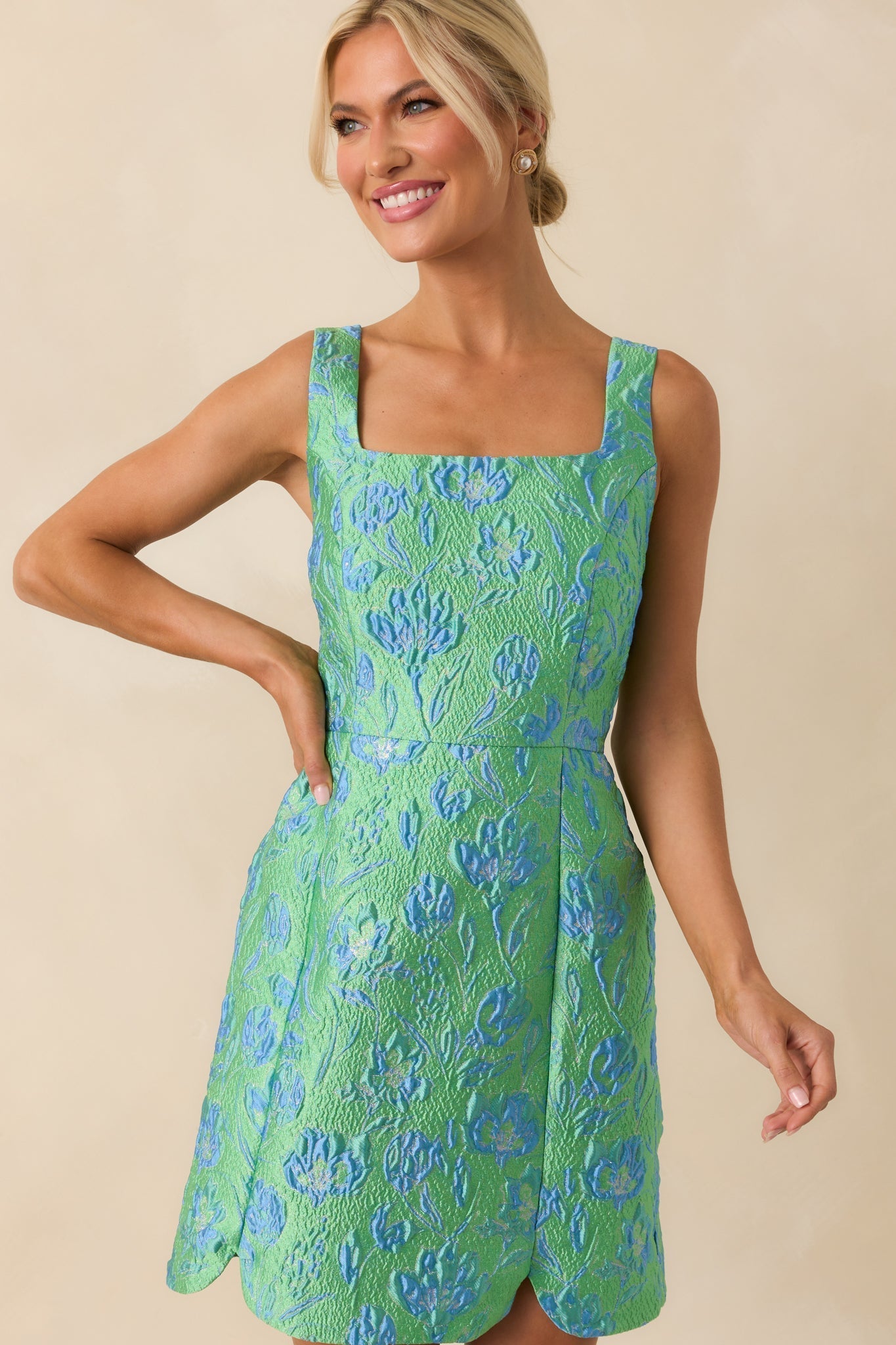Just Look At Her Green Floral Print Jacquard Mini Dress