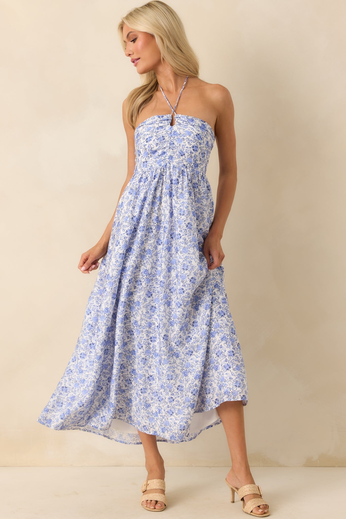 MINKPINK Blue Floral Print Evelyn Halter Midi Dress