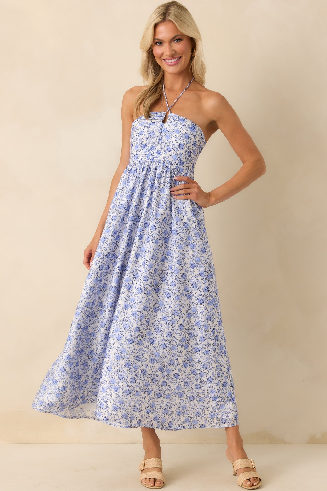 MINKPINK Blue Floral Print Evelyn Halter Midi Dress