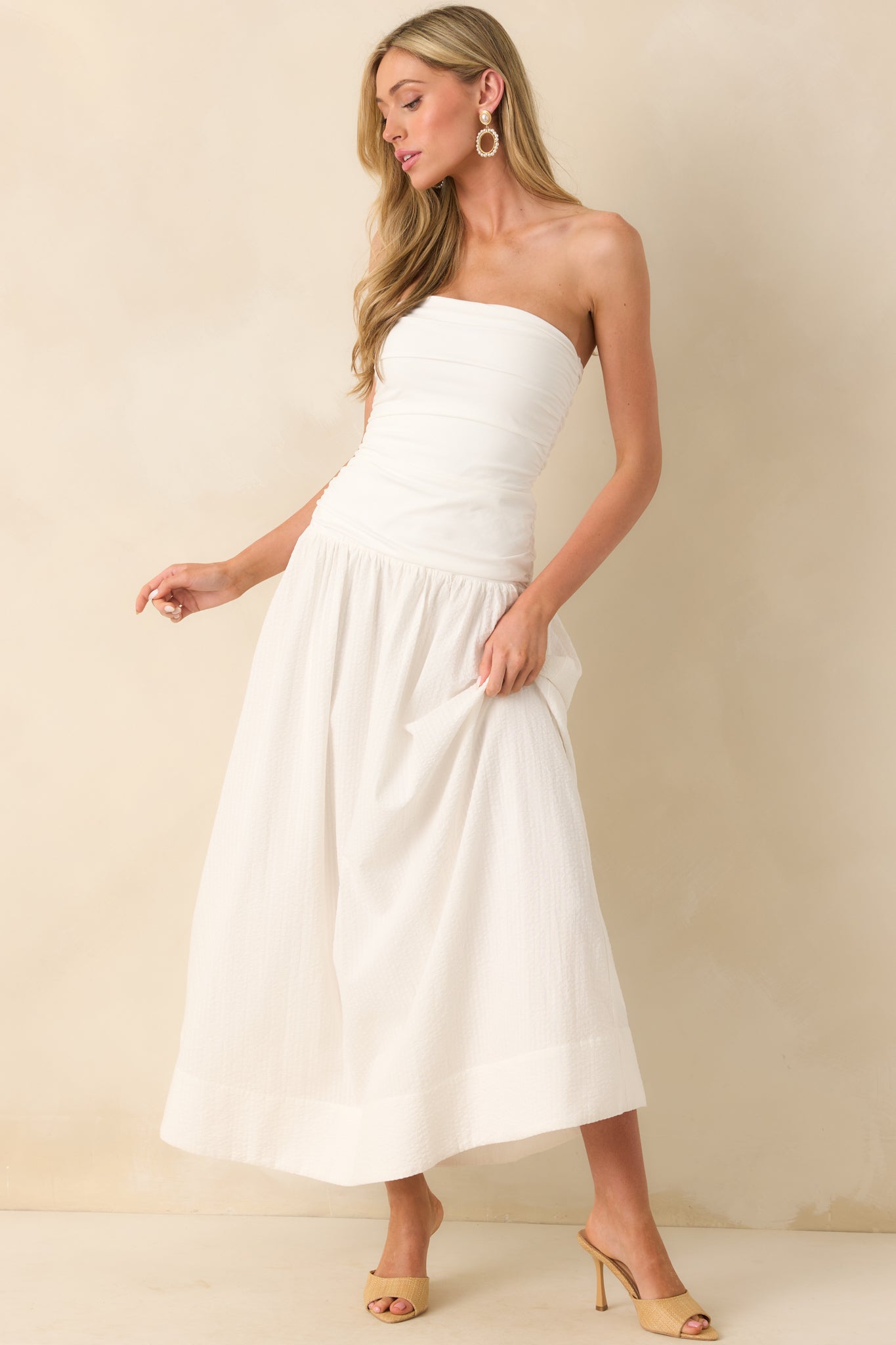 MINKPINK White Cotton Luna Strapless Drop Waist Midi Dress