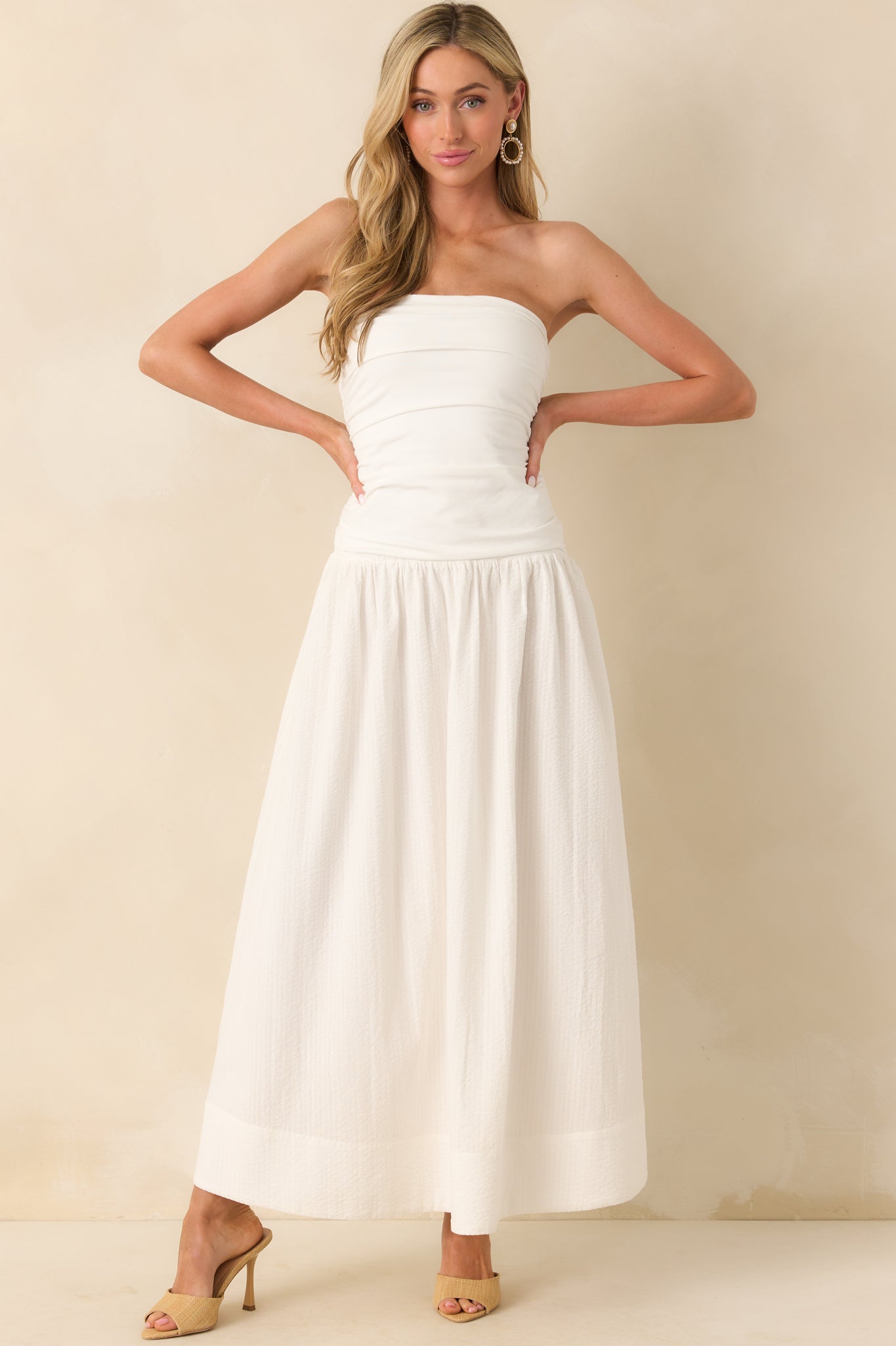 MINKPINK White Cotton Luna Strapless Drop Waist Midi Dress