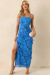 MINKPINK Blue Floral Print Jeanne Ruffle Maxi Dress