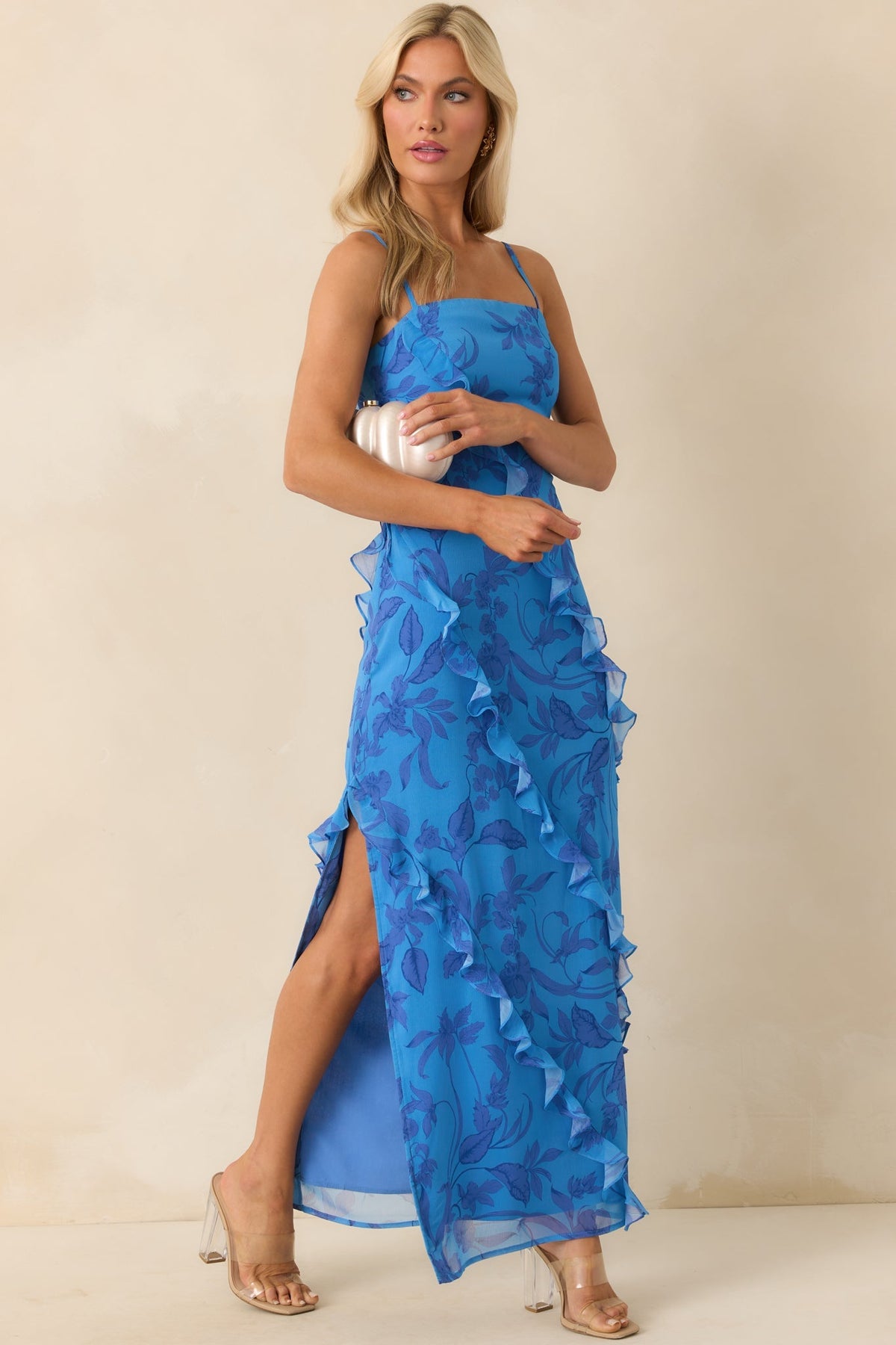 MINKPINK Blue Floral Print Jeanne Ruffle Maxi Dress