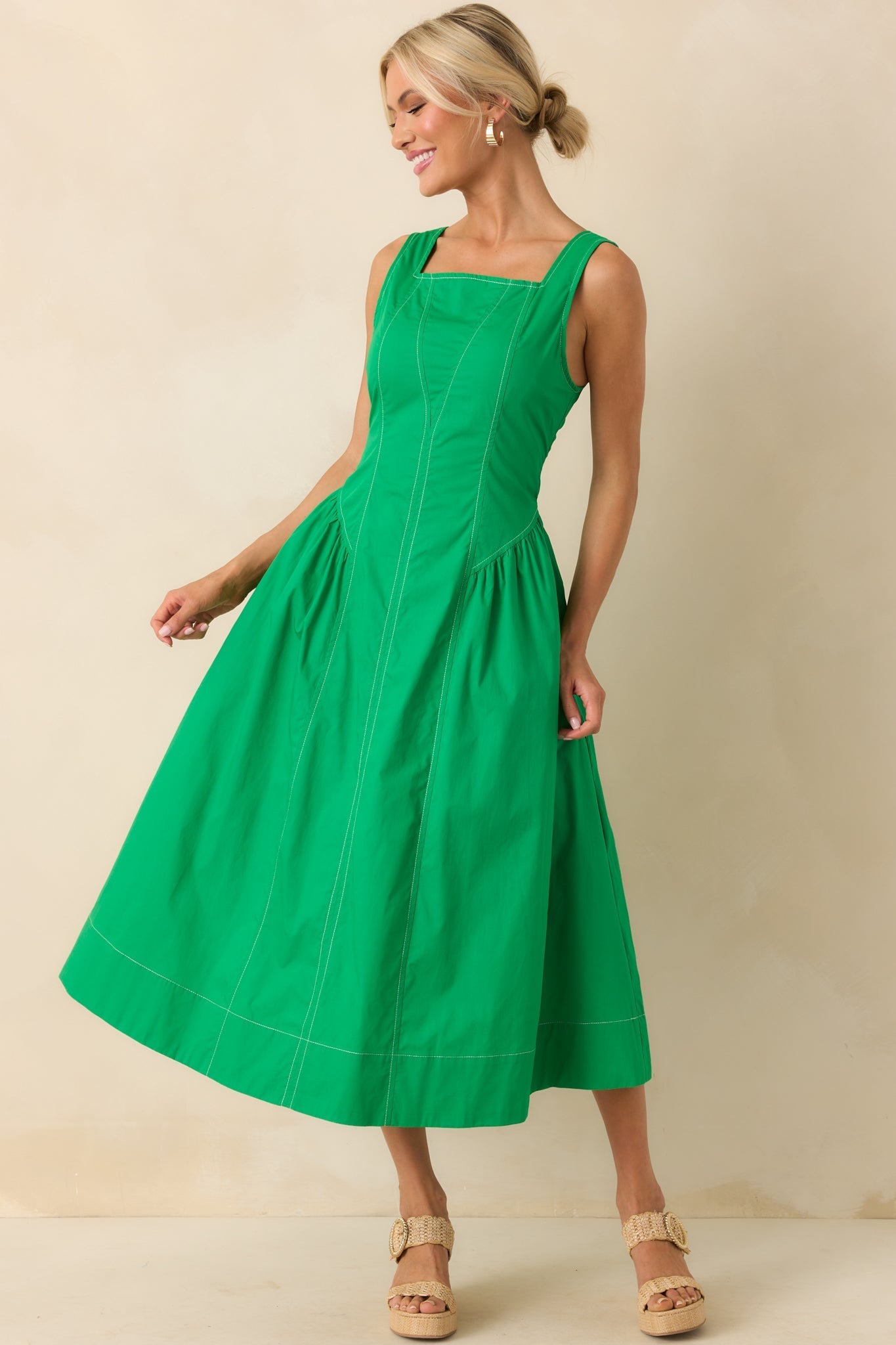 A Timeless Touch Kelly Green Cotton Sleeveless Midi Dress