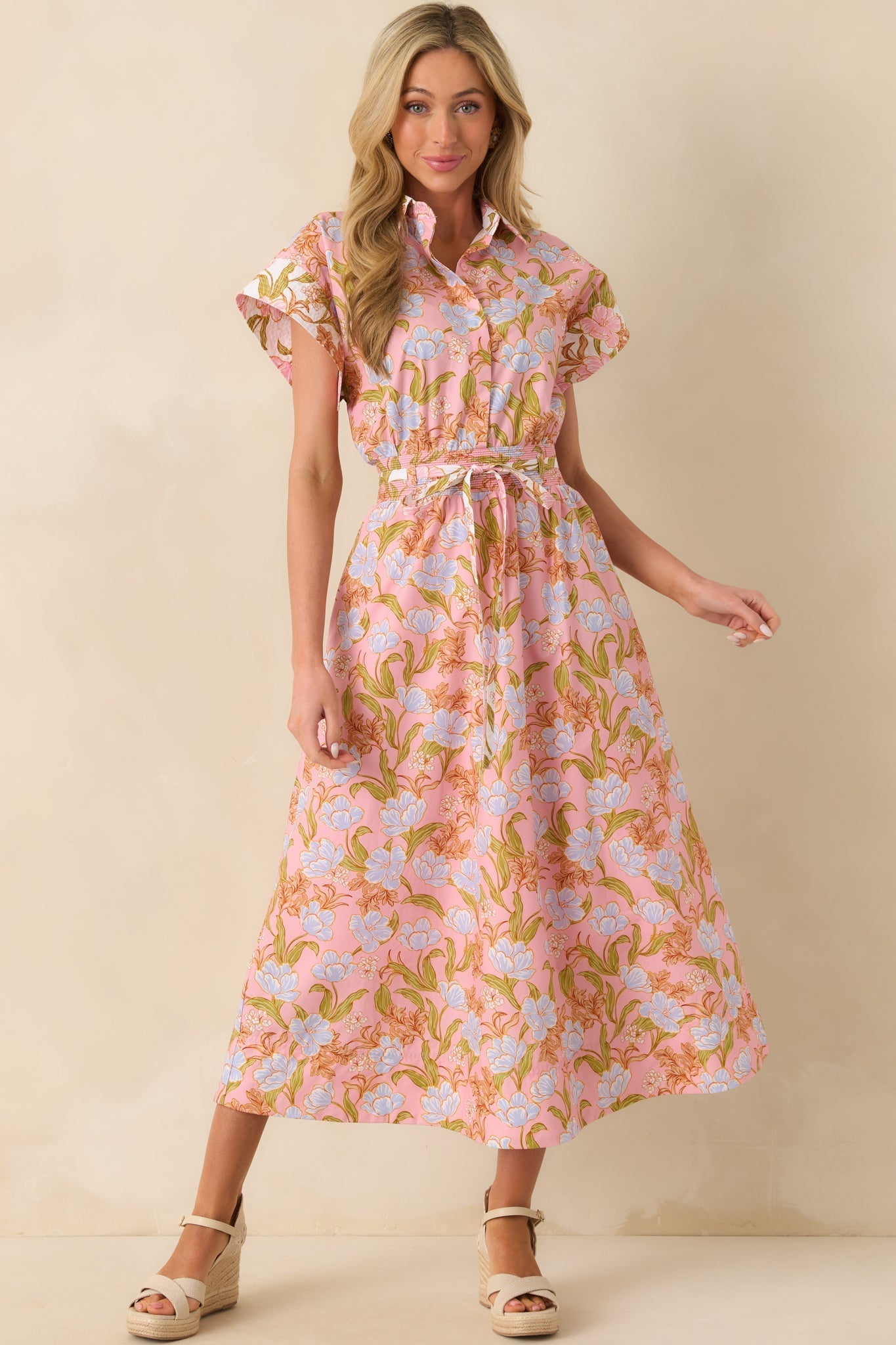 It Comes Easily Pink Coral Floral Print Maxi Shirt Dress