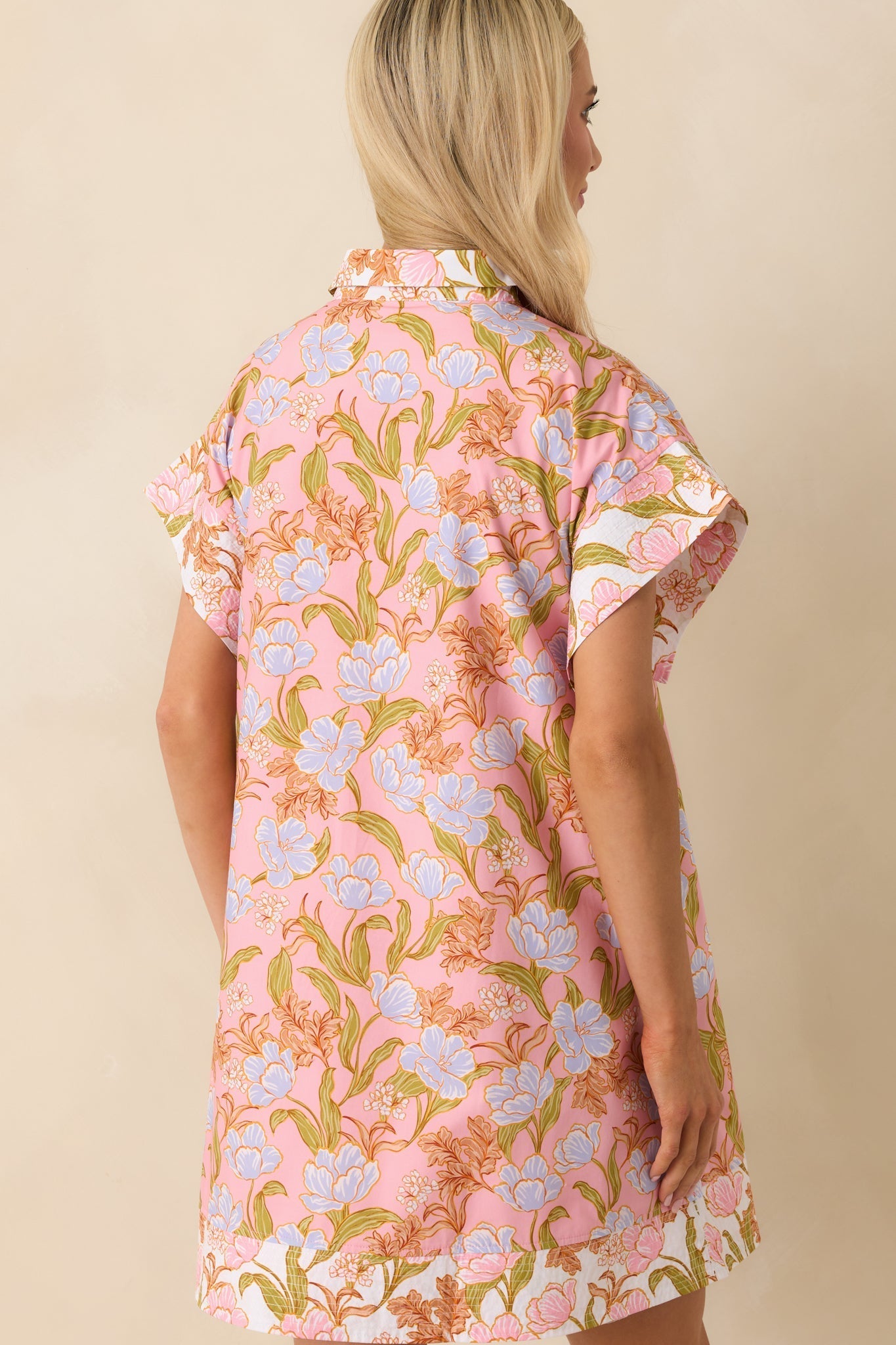Need A Change Pink Coral Floral Print Cotton Mini Shirt Dress
